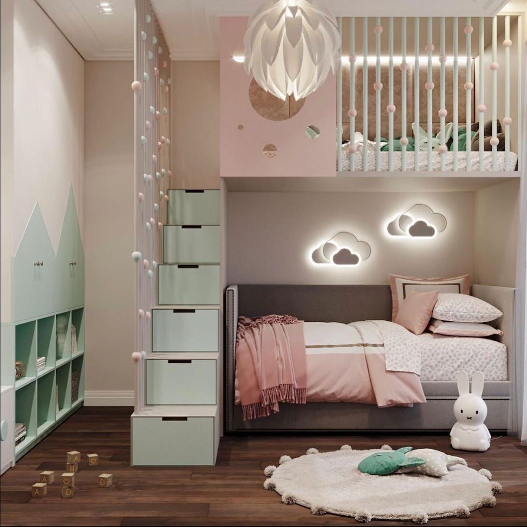 inspiration decoration intérieure chambre enfant parquet lamé bois foncé vert rose pastel tapis rond deco murale néon lumineux suspension blanche