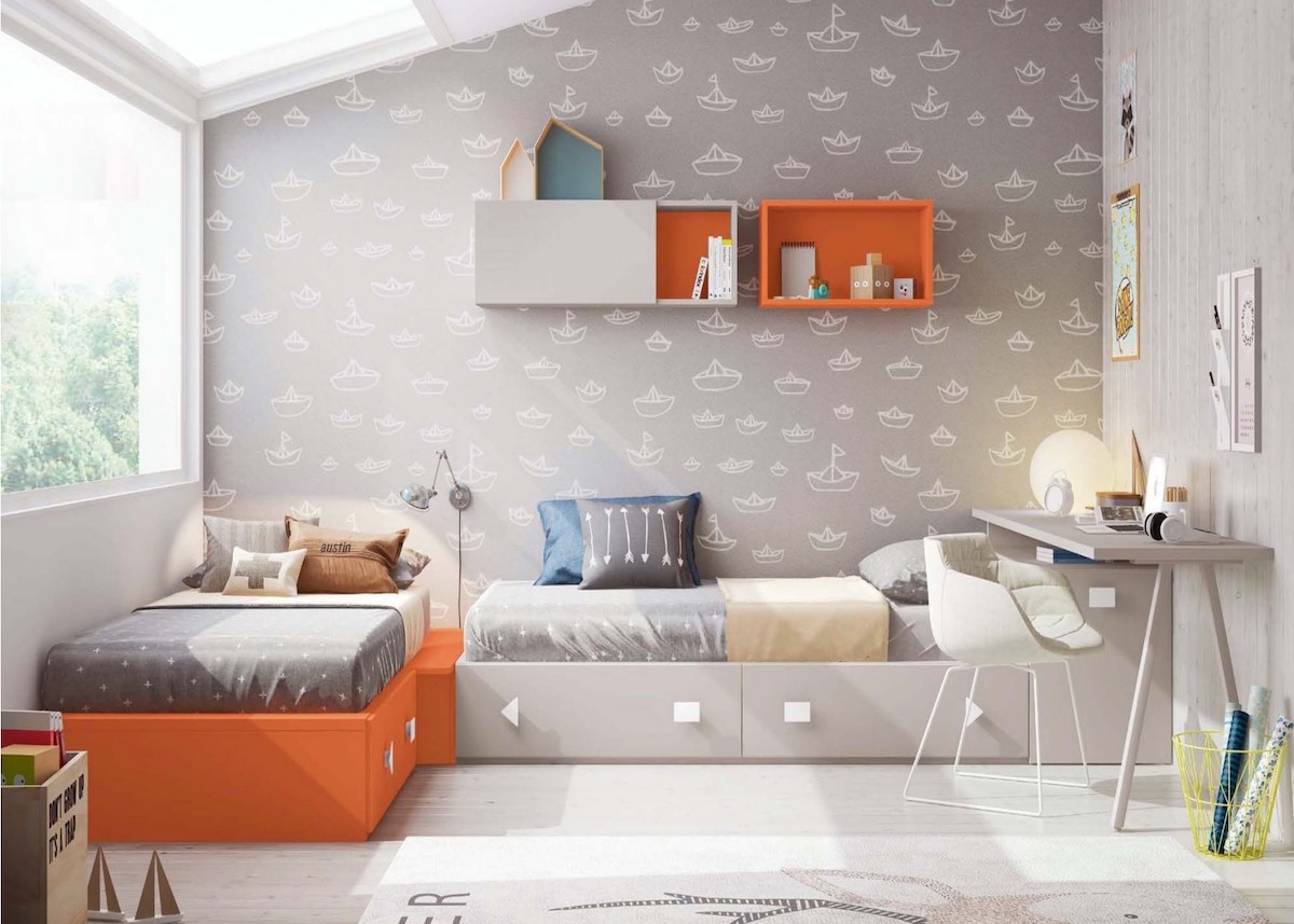 lit simple pour jumeaux deco gris orange étagère murale bureau fin papier peint gris