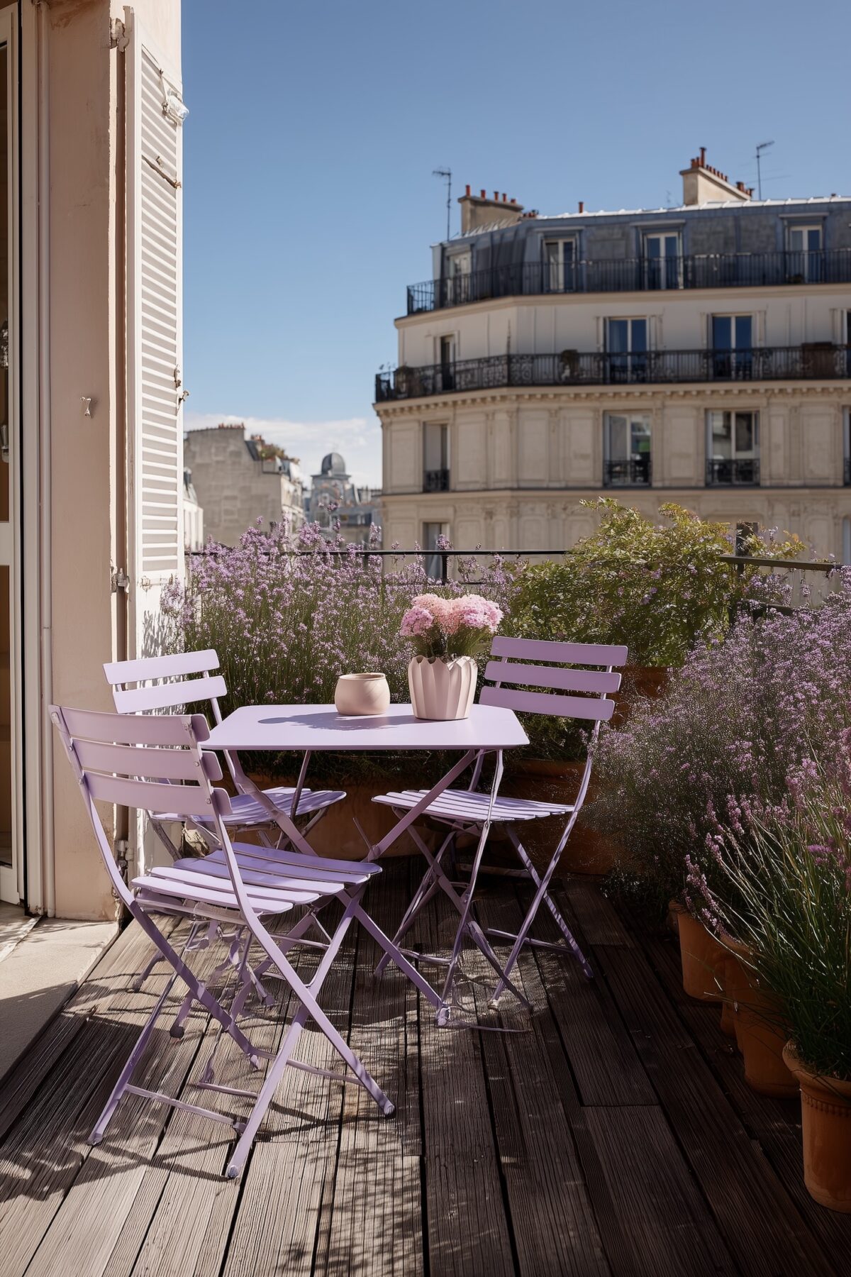 balcon terrasse Paris chaise table métal violet pliante