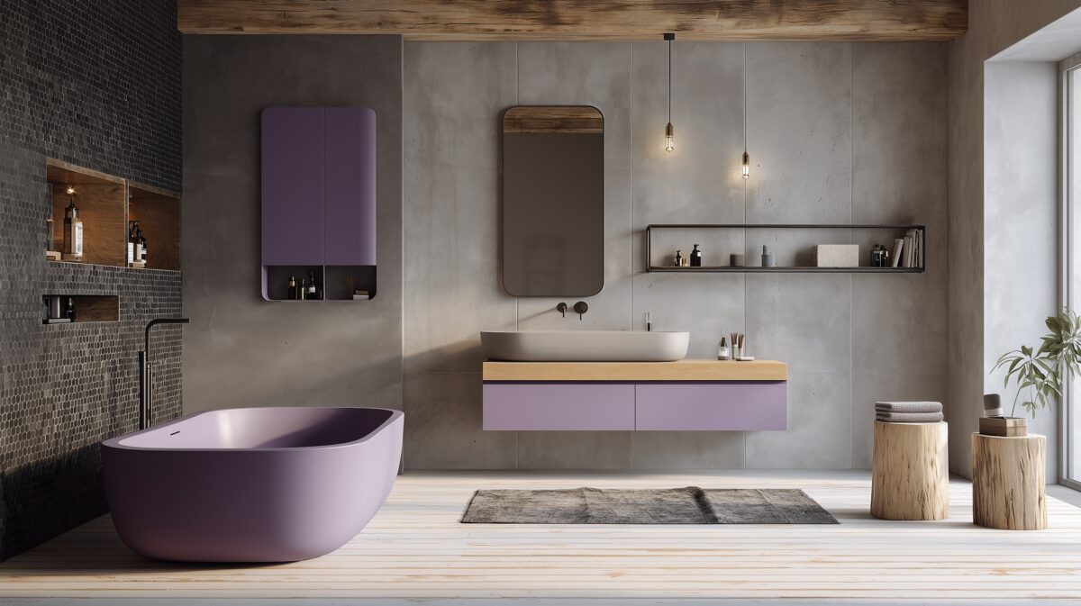 décoration couleur parme grise bois salle de bain