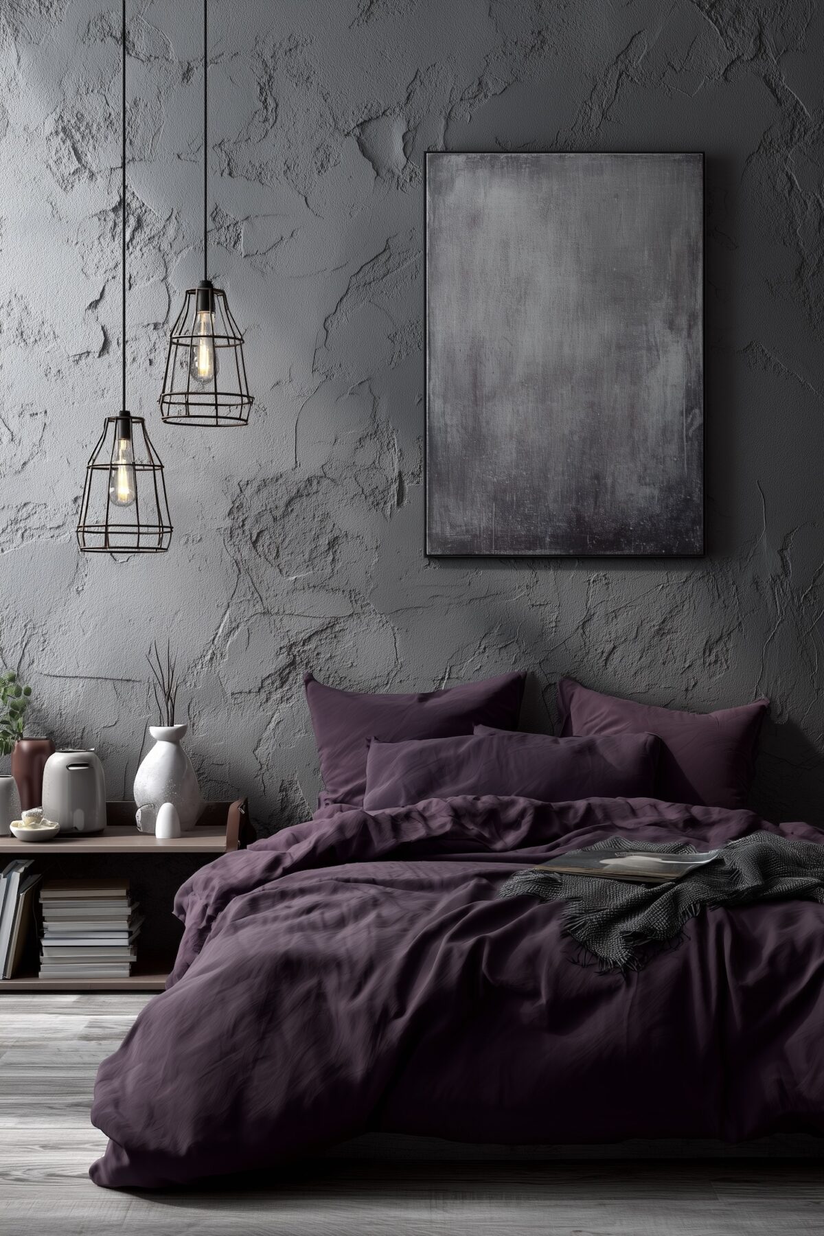 décoration couleur parme lit loft mur béton