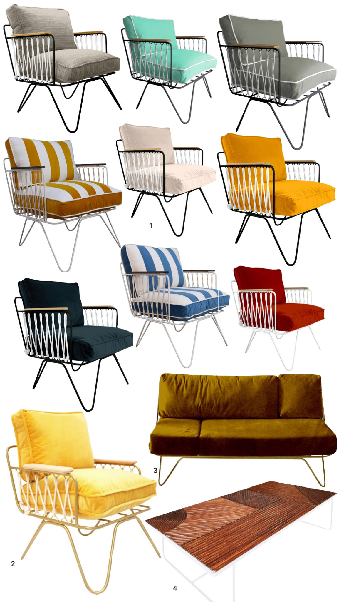 fauteuil jardin couleur velours confortable corde design rétro