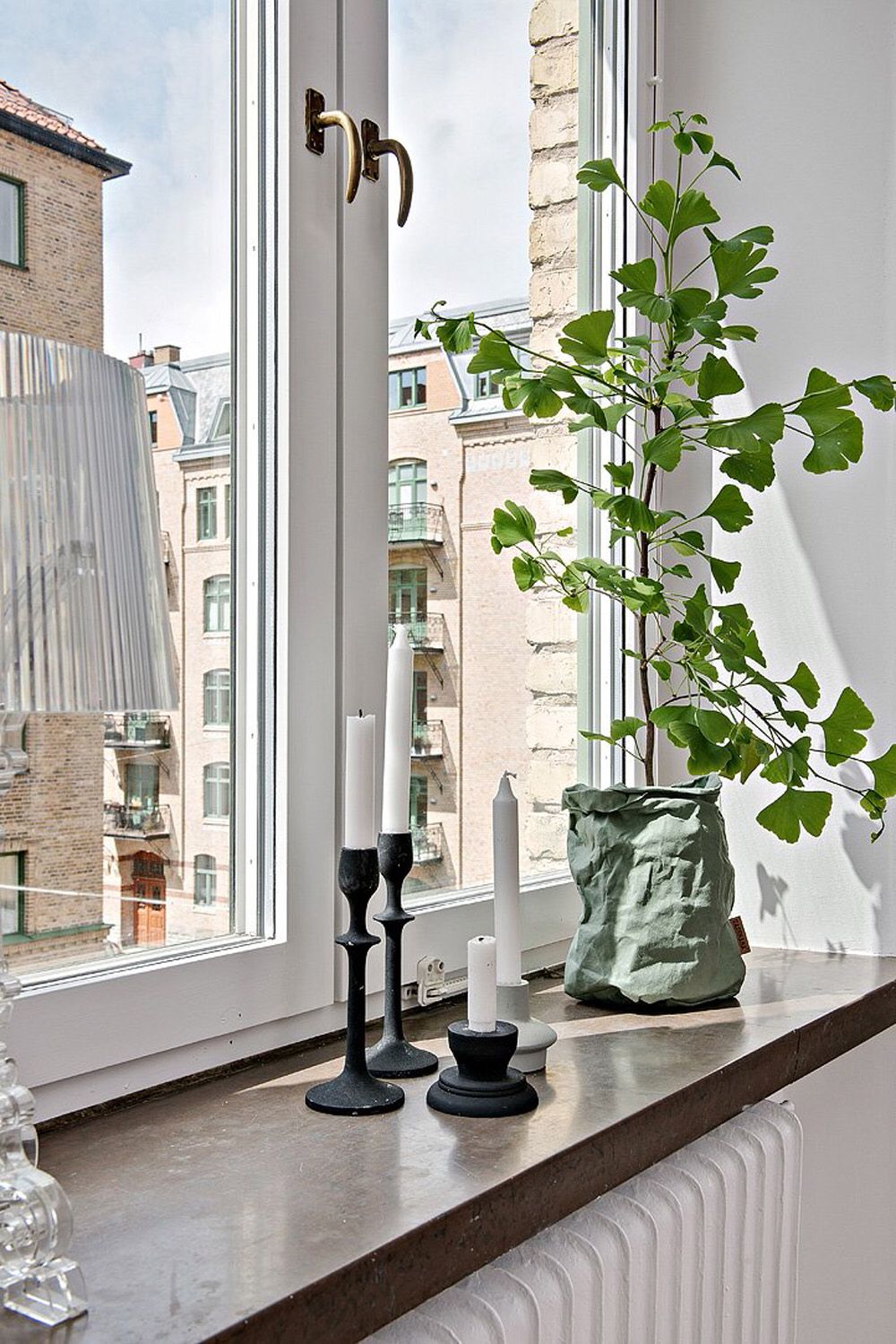 xrebord fenêtre marron bougie plante verte fenêtre radiateur bougie