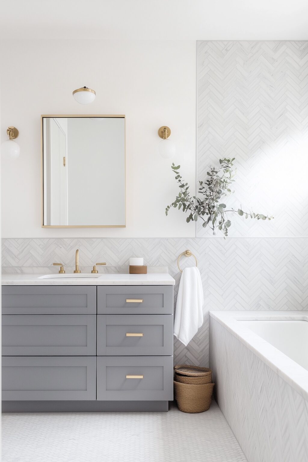 salle de bain carrelage chevron blanc meuble gris déco laiton