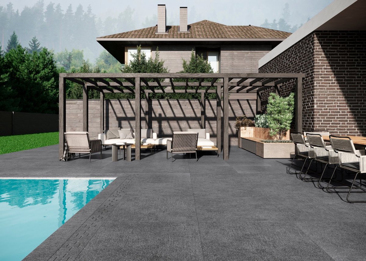 Terrasse grise anthracite salon de jardin sol noir chaise métallique