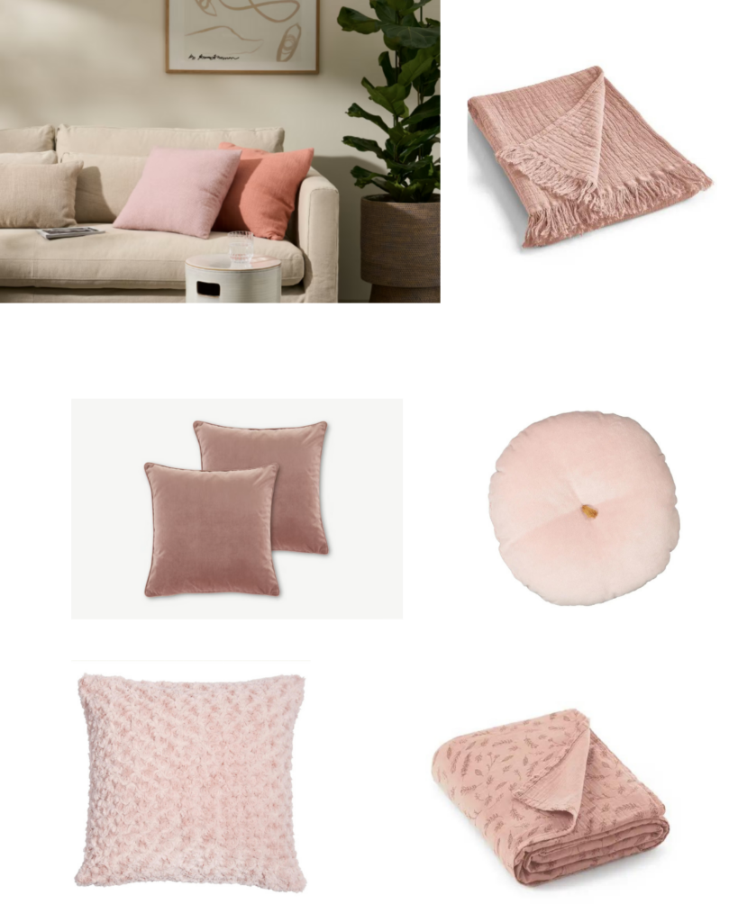 Idées déco rose plaids coussins salon