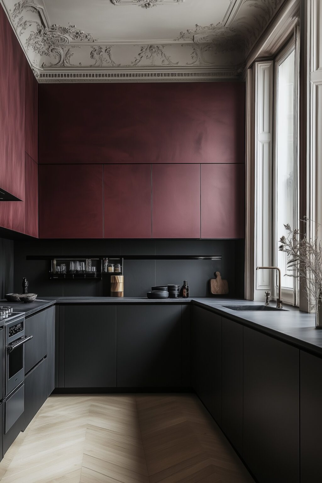 appartement parisien parquet point de Hongrie décoration foncée