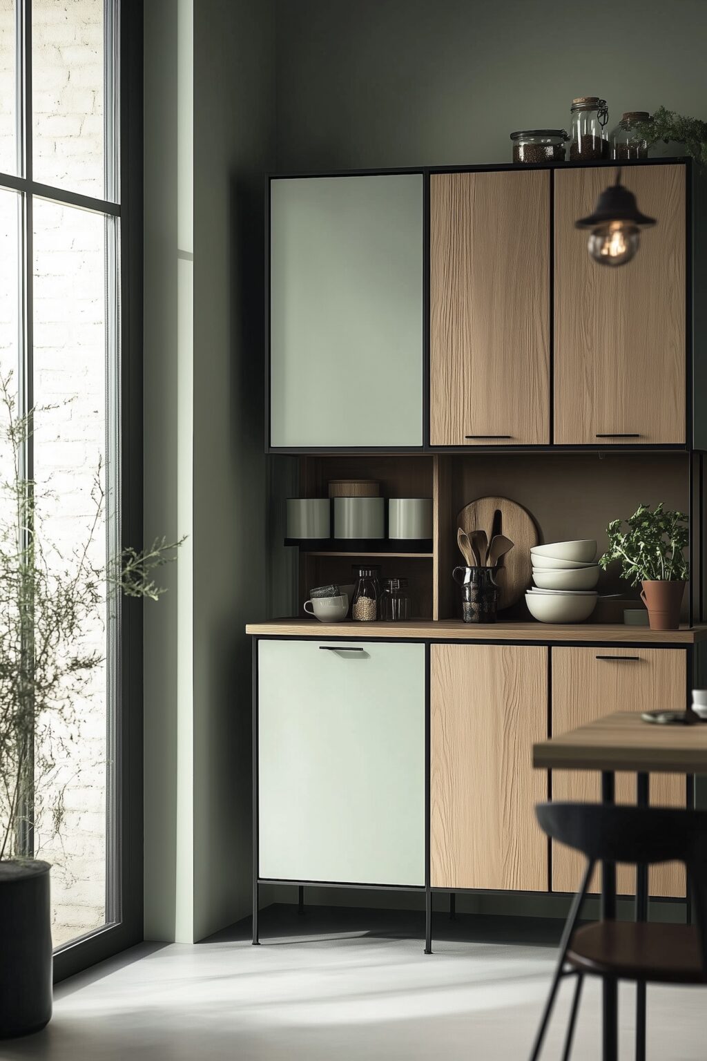 cuisine style industriel bois métal verte