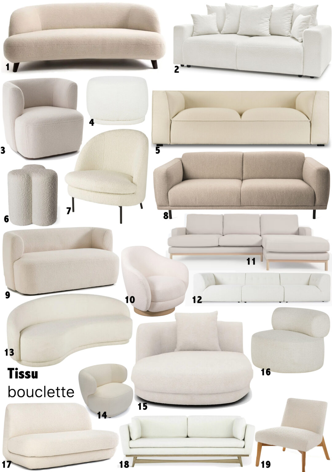 fauteuil canapé pouf tissu bouclette écru pas cher blanc