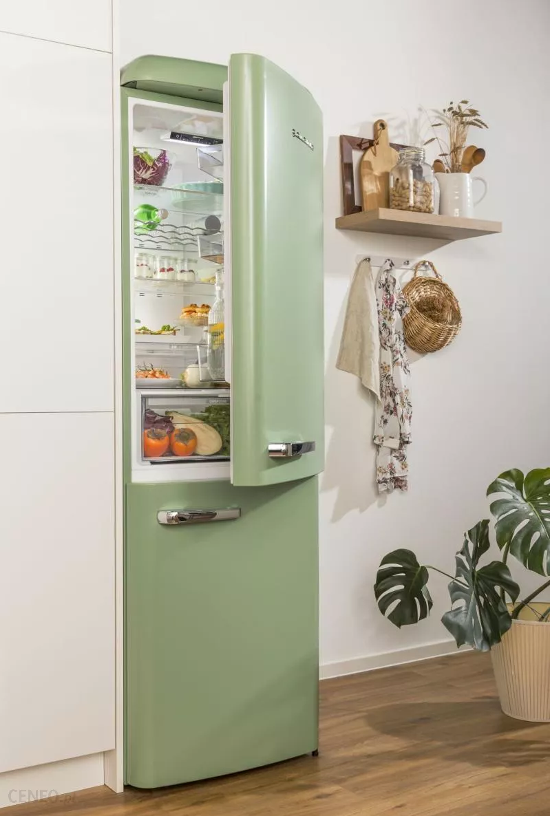 frigo vert olive parquet bois mur blanc étagère bois plante verte