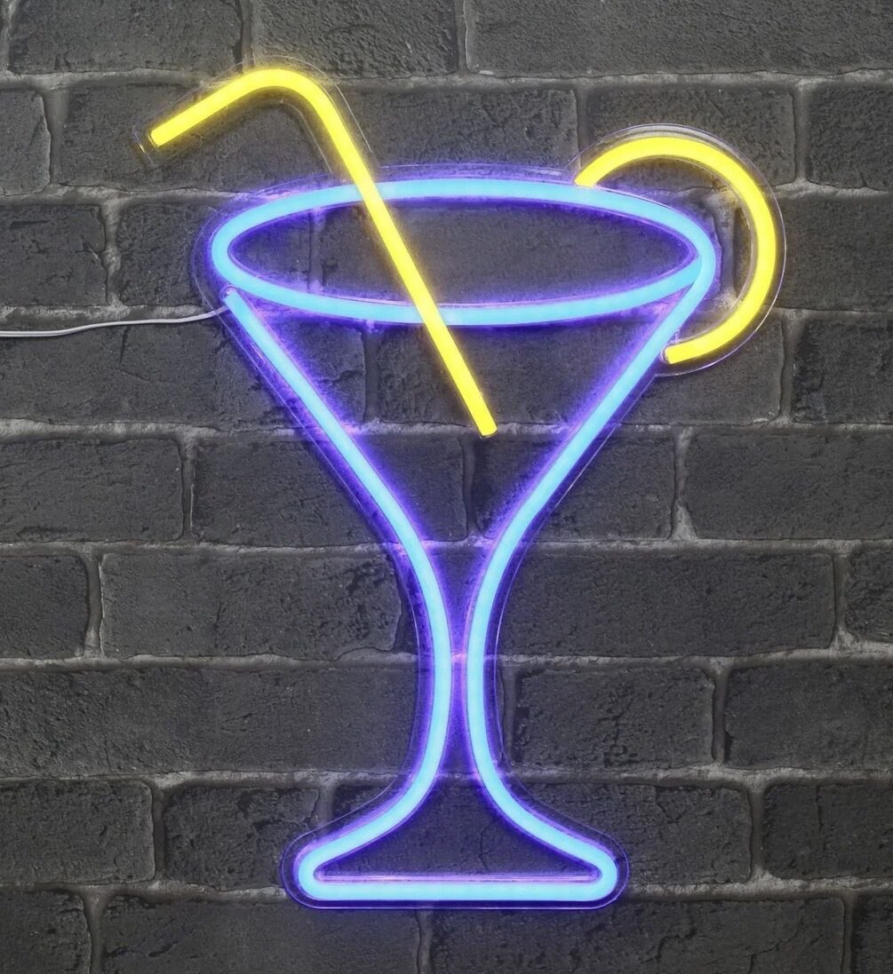 néon mural bleu jaune cocktail bar