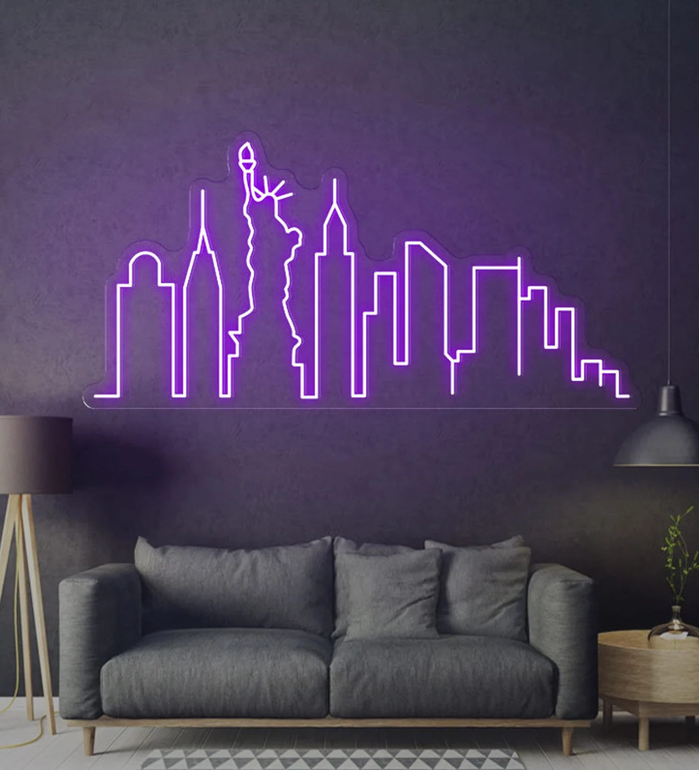 neon violet dessin urbain forme ville canapé droit gris lampe scandinave