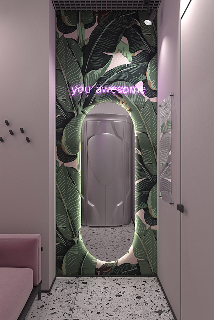 salle de bain deco tropicale moderne tendance neon rose mur vert