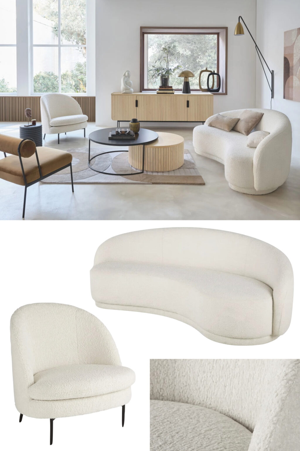 canapé tissu bouclette arrondi salon déco bois blanc table basse bois relief