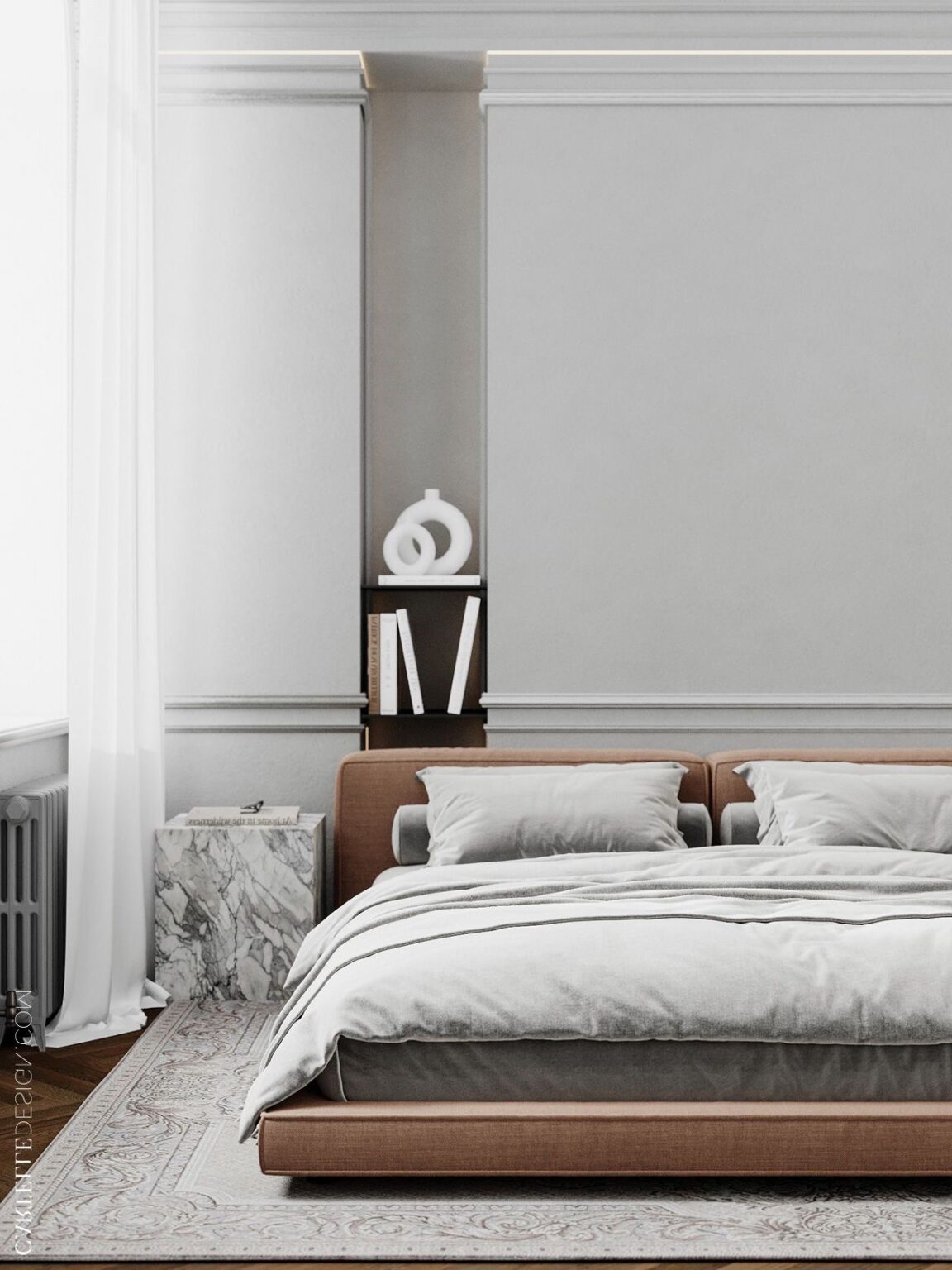 chambre lit suspendu table de nuit chevet cube marbre