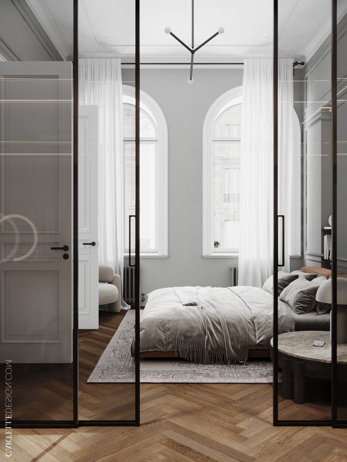 chambre style parisien porte coulissante verre galandage