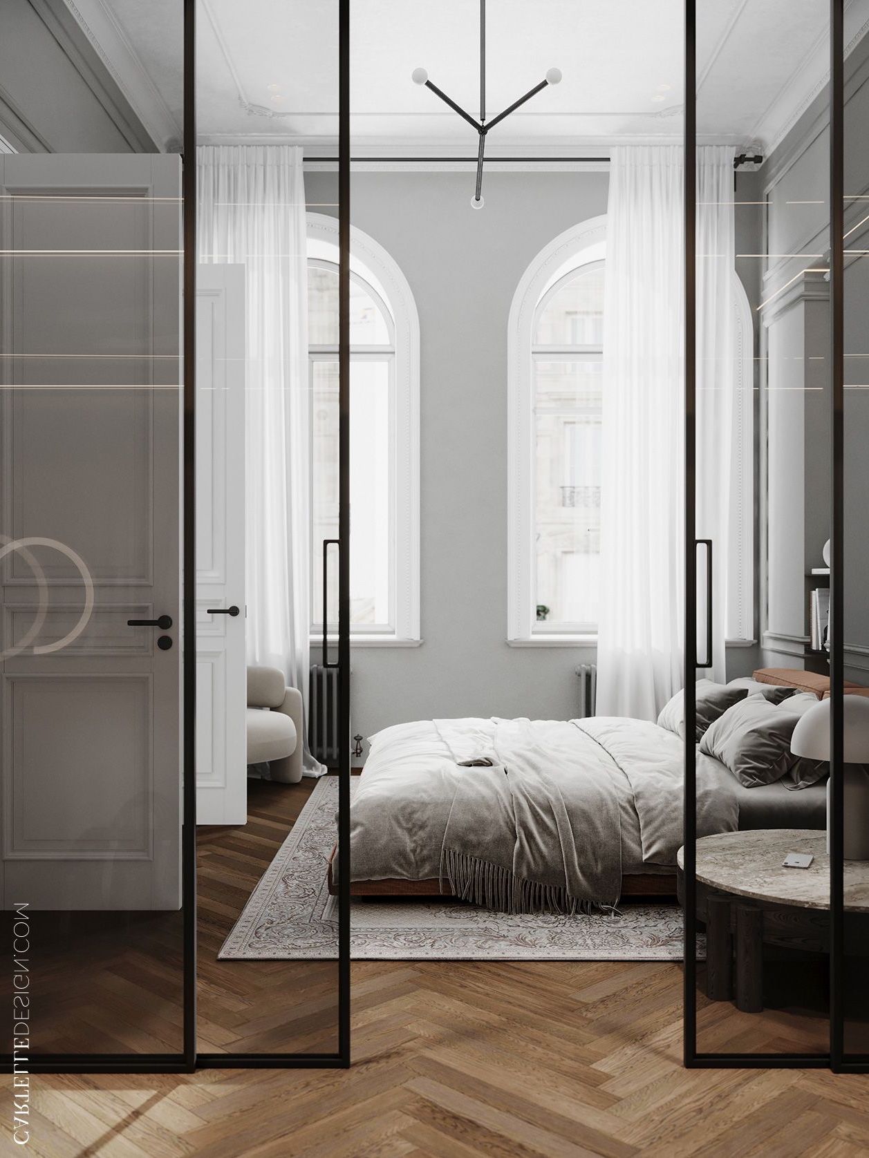 chambre style parisien porte coulissante verre galandage