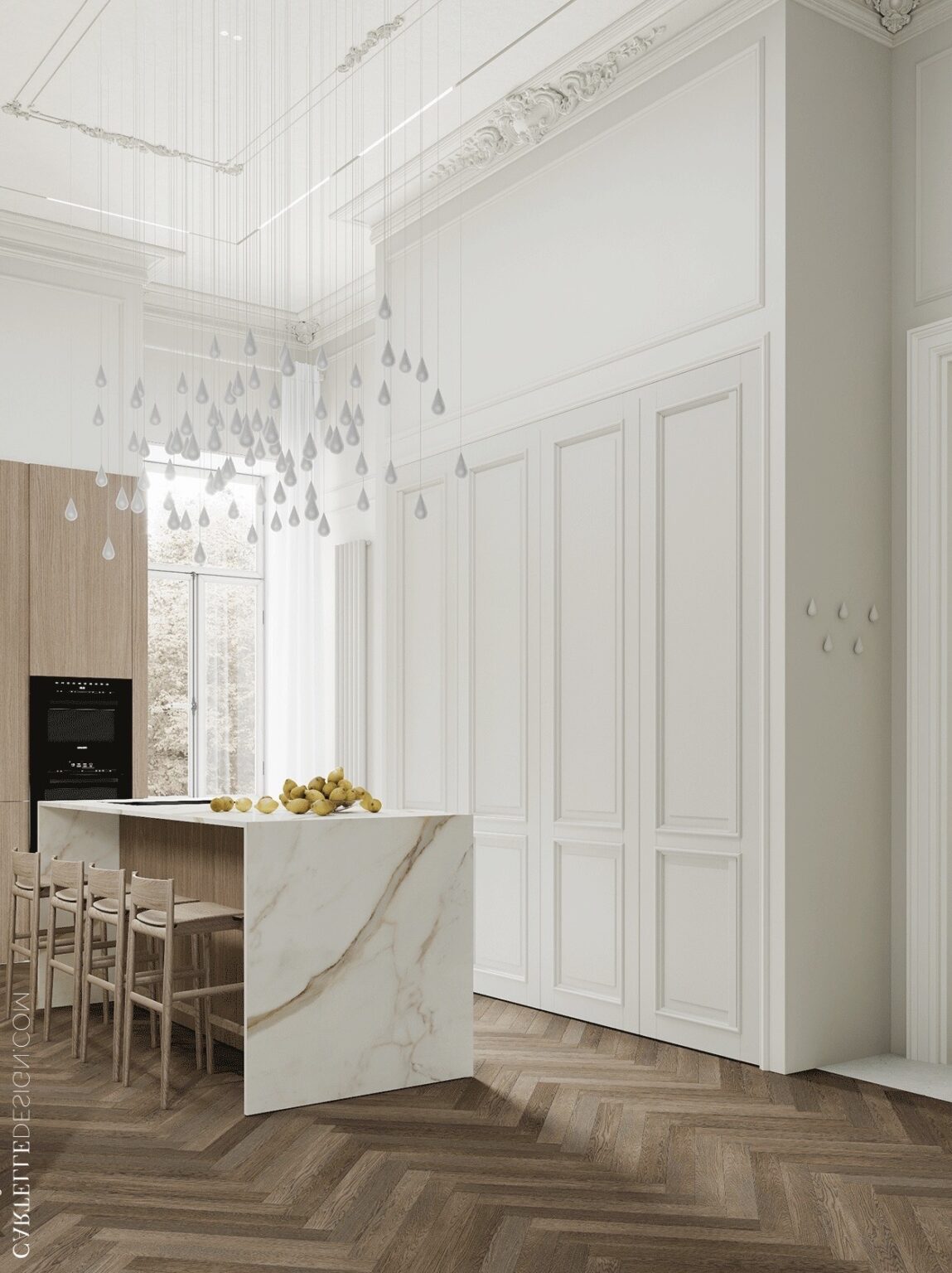 cuisine style parisien déco bois blanche ilot marbre doré