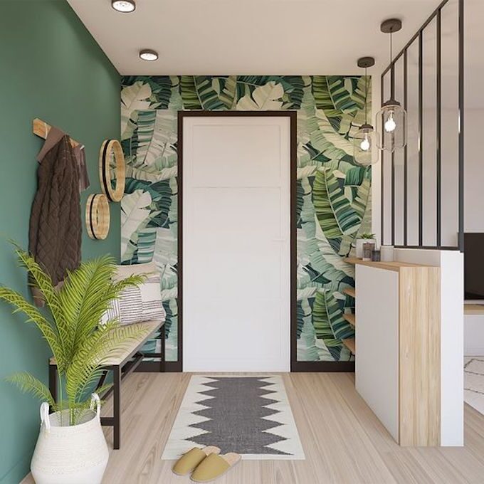 deco interieure tropicale papier peint vert vegetal minimaliste tapis design graphique noir