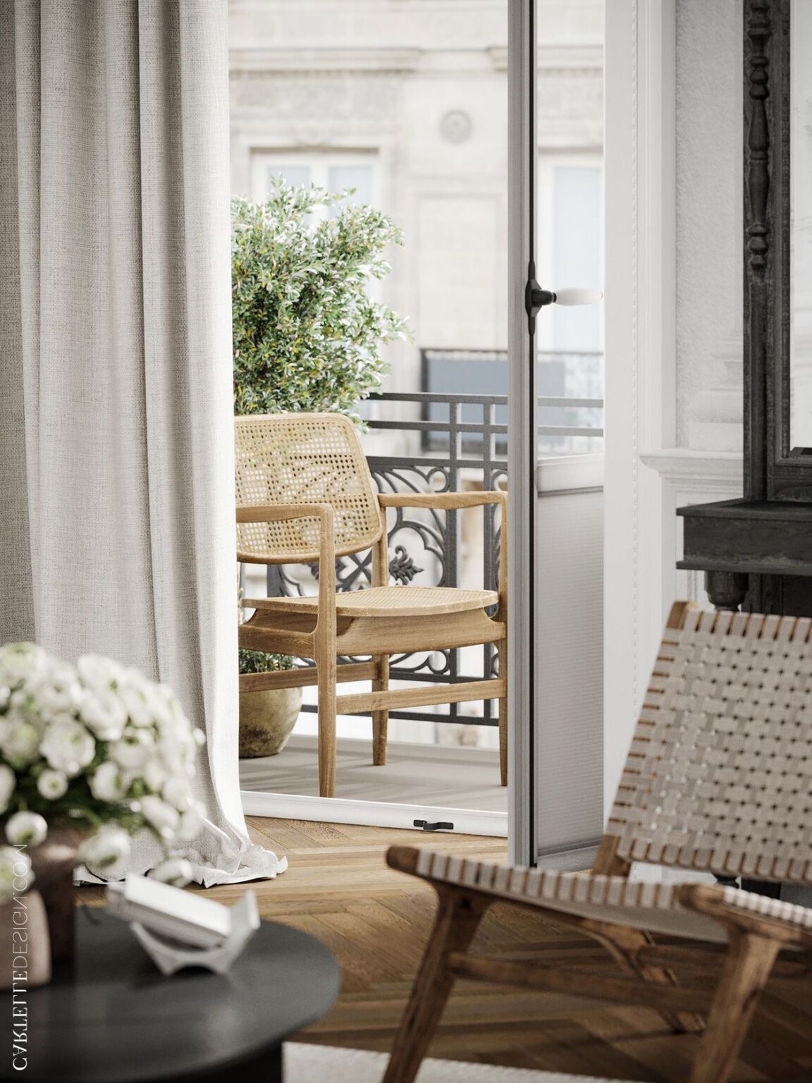 fauteuil rétro extérieur jardin bois cannage balcon étroit style parisien