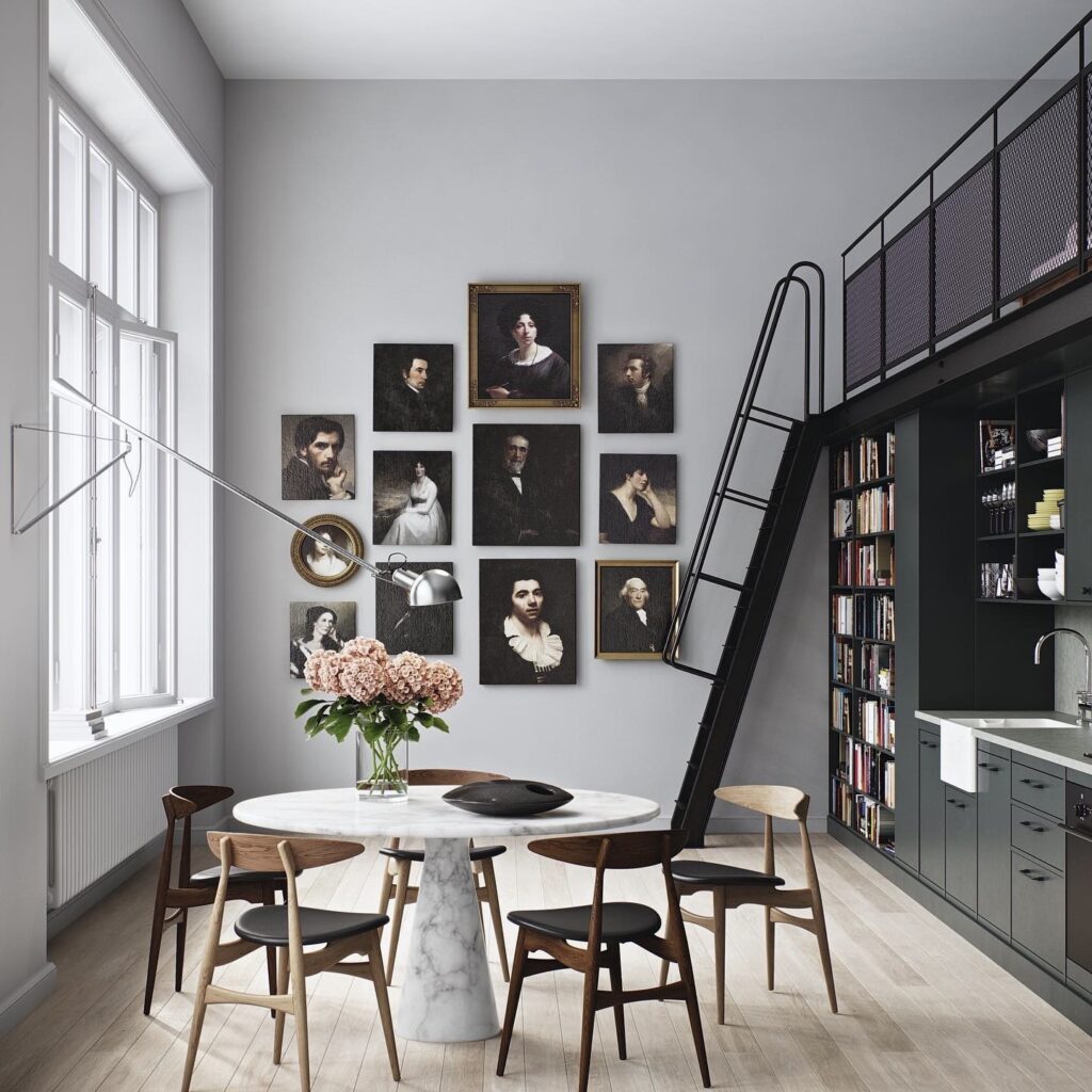 mixer moderne et ancien en décoration noire table ronde marbre