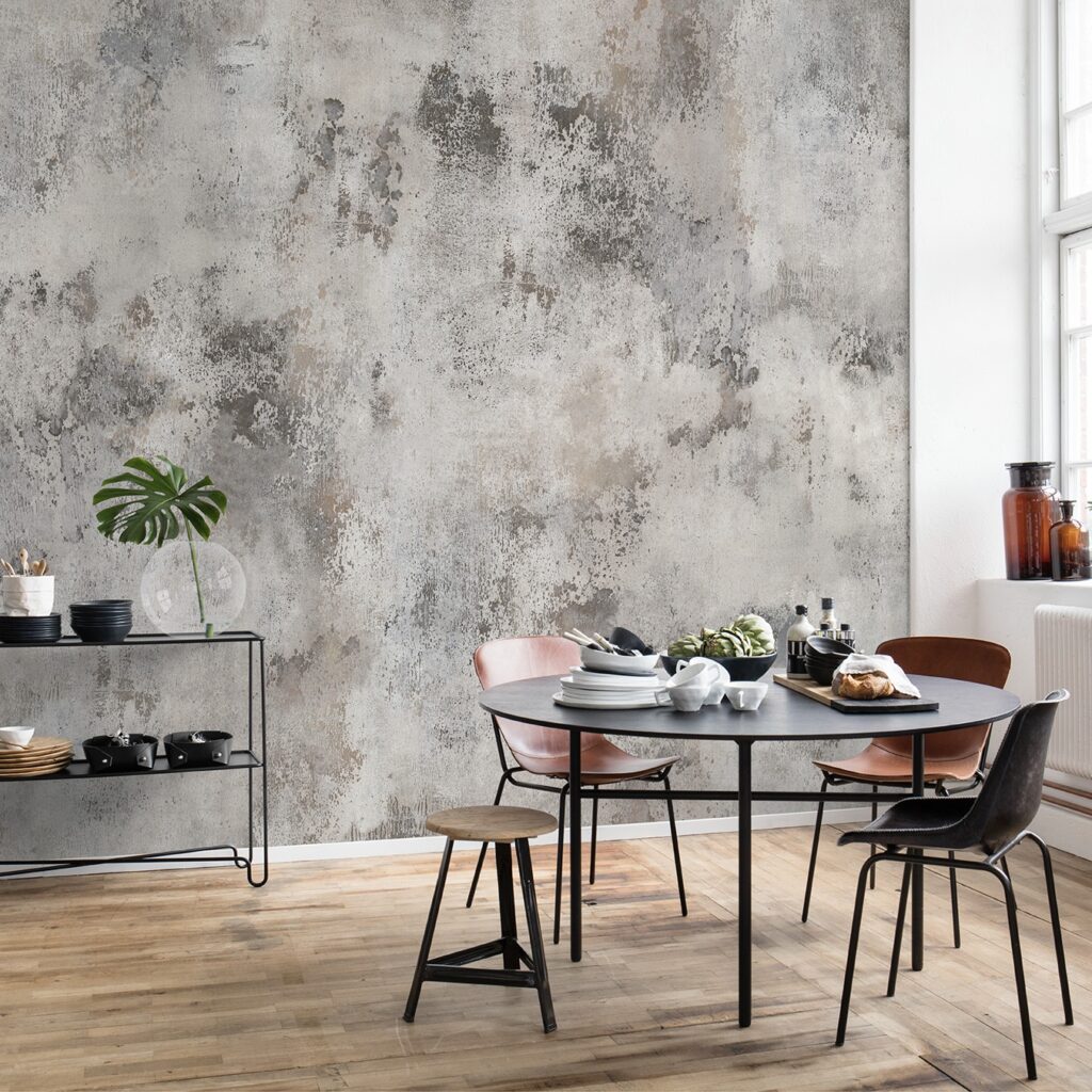 salle à manger scandinave gris rose table ronde meuble métallique noir