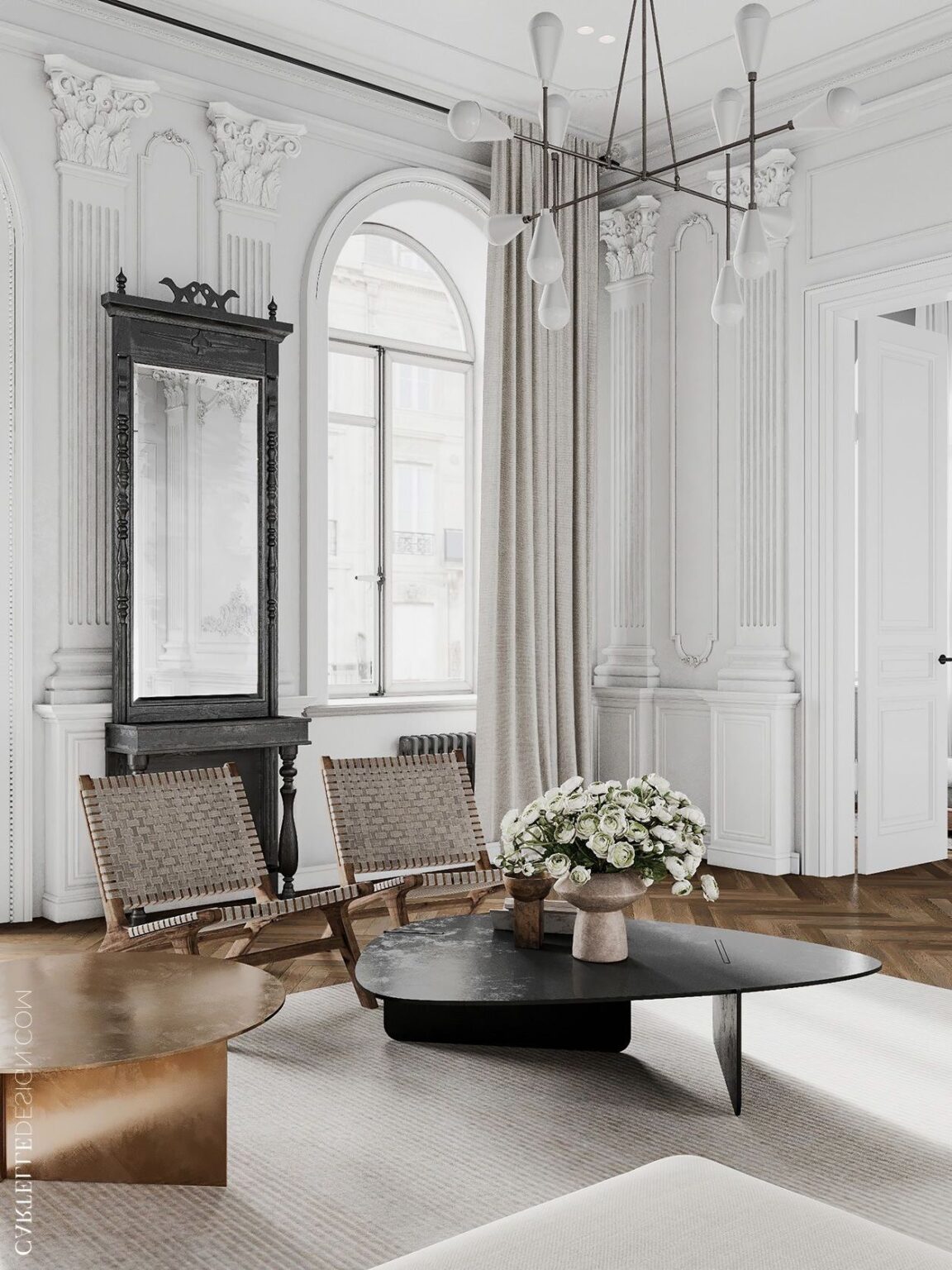 salon table basse dépareillée noire bronze arrondie