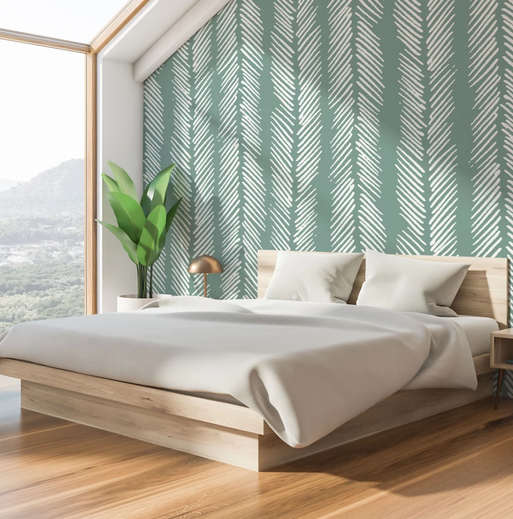 chambre papier peint graphique vert blanc parquet bois baie vitree