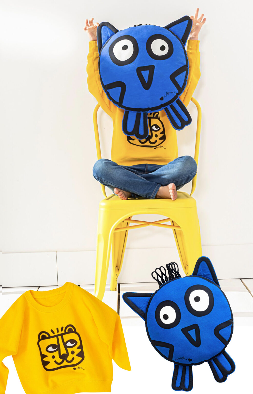 déco enfant coussin bleu klein anima idée chambre jaune