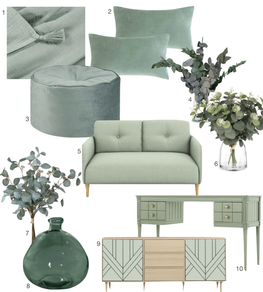 deco vert eucalyptus vert pastel canape plante commode plaid