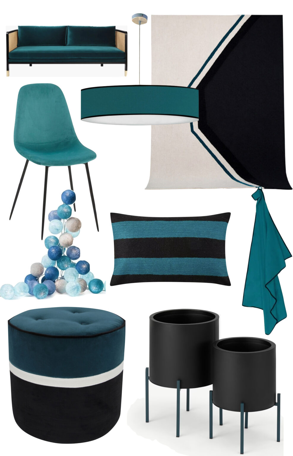 idée inspiration déco salon bleu paon noir