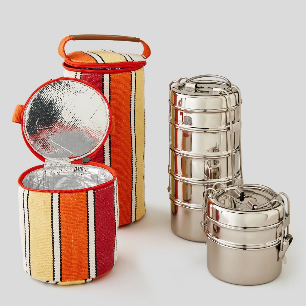 lunch box ronde acier retro vintage sac tissus coton rouge orange