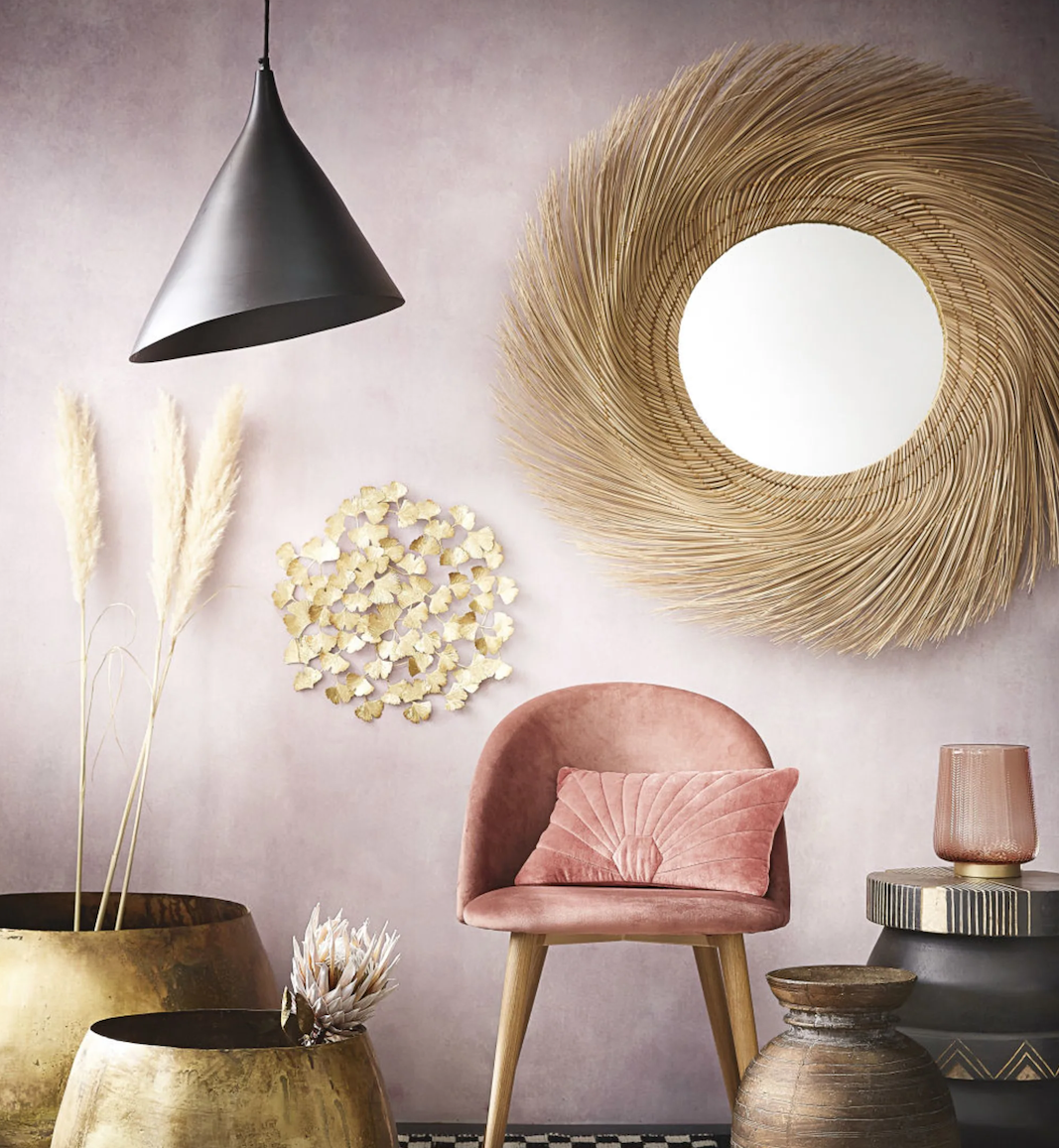 miroir rond fibres naturelles mur violet prune inspi deco salon poudree deco laiton