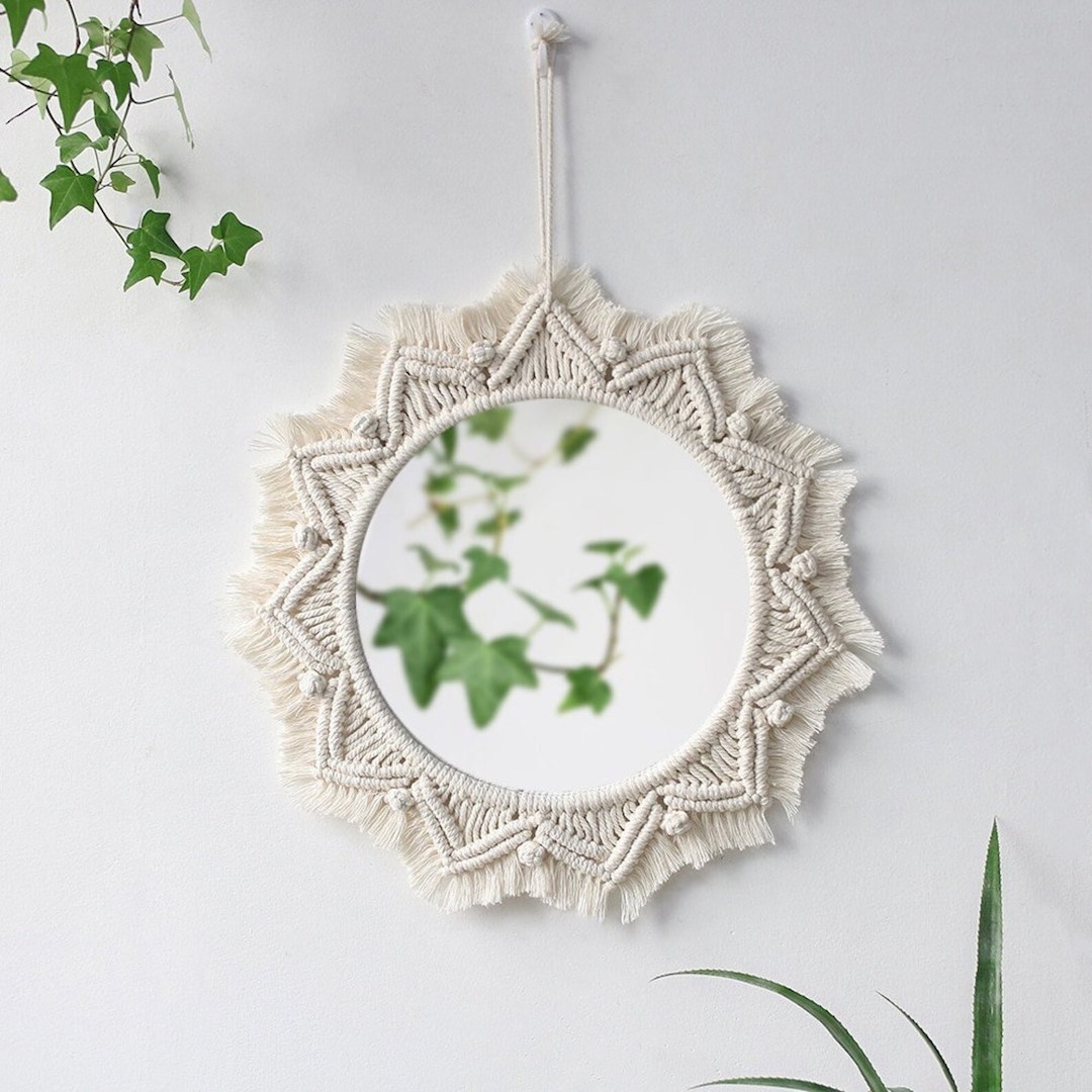 miroir rond murale macrame blanc plante verte suspendue