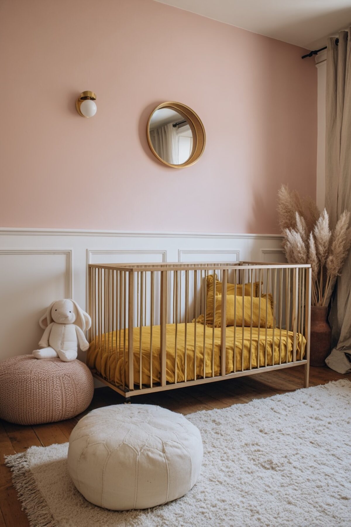 chambre bébé lit bois linge moutarde murs roses déco couleur cumin