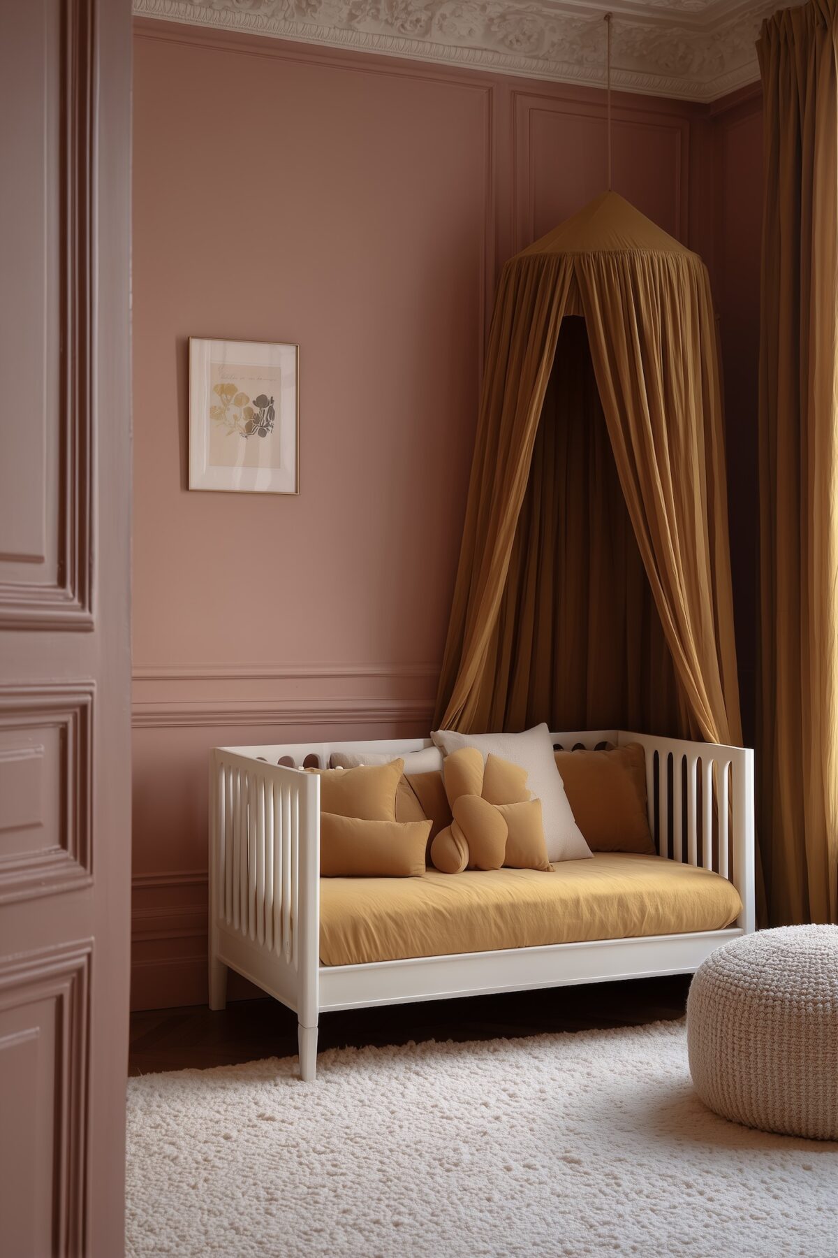 chambre bébé moderne parisienne murs roses lit baldaquin textile moutarde