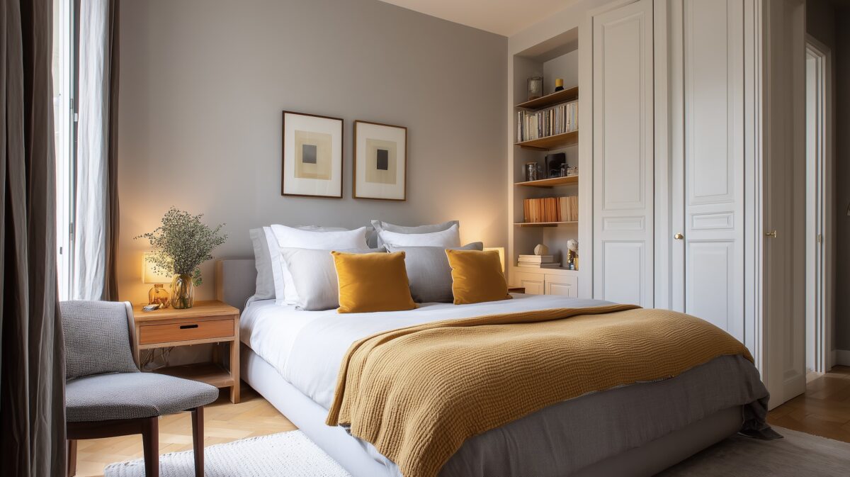 chambre jaune cumin gris clair design