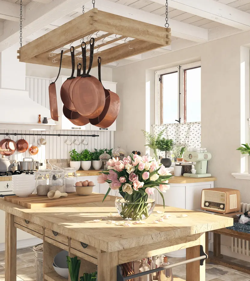 deco cottage anglais fleur rose poutre en bois apparent blanc cuisine fonctionnelle