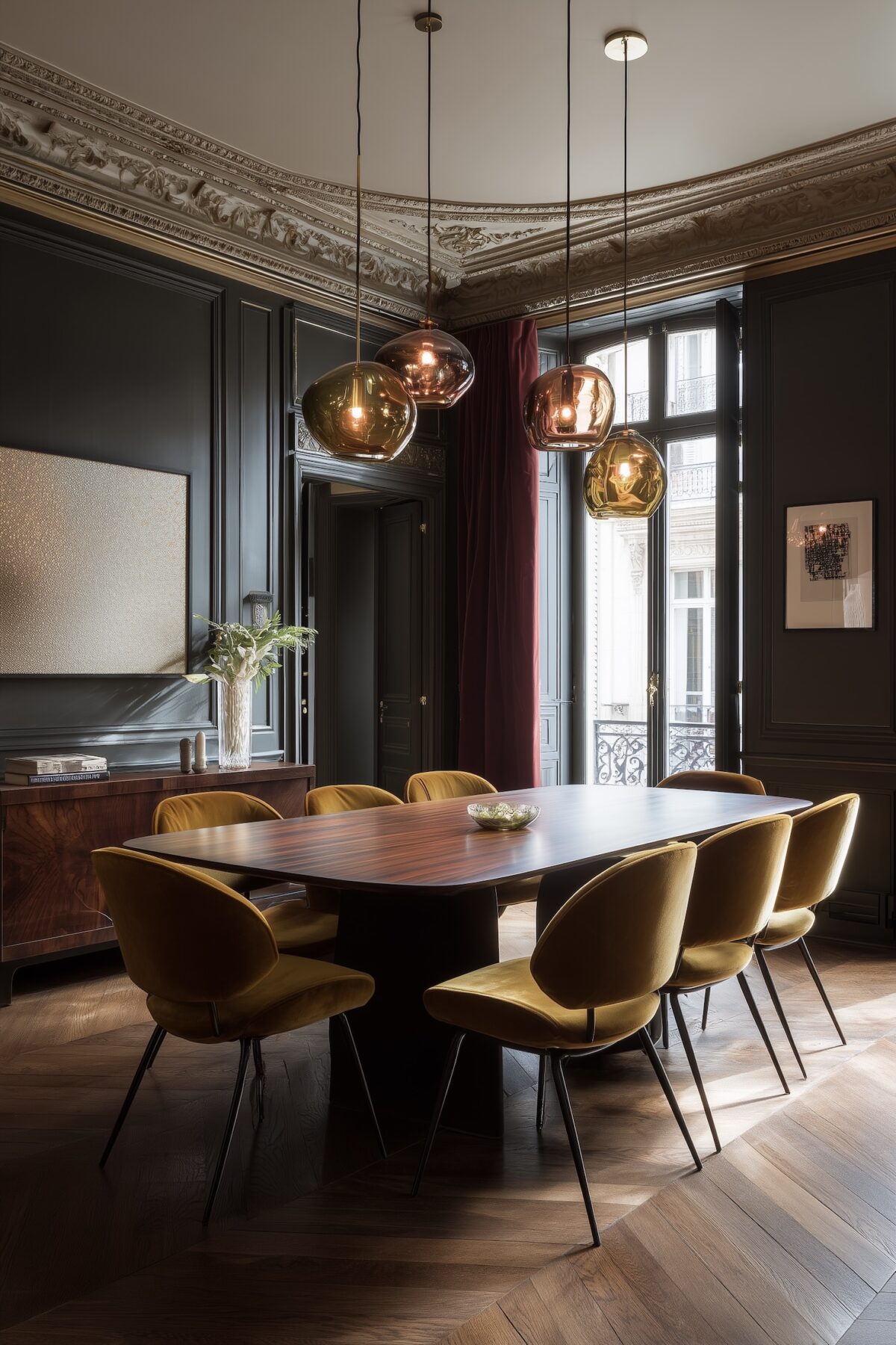 déco couleur cumin salle à manger parisienne chaises velours moutarde table bois