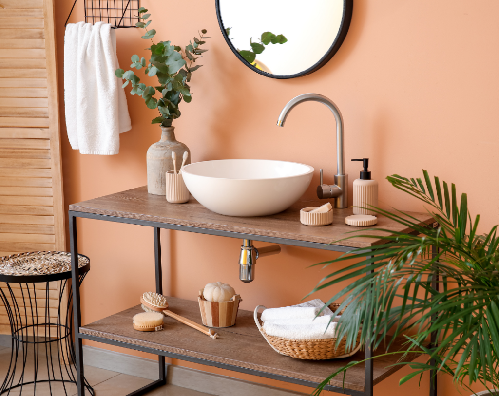 idée comment aménager salle de bain colorée corail