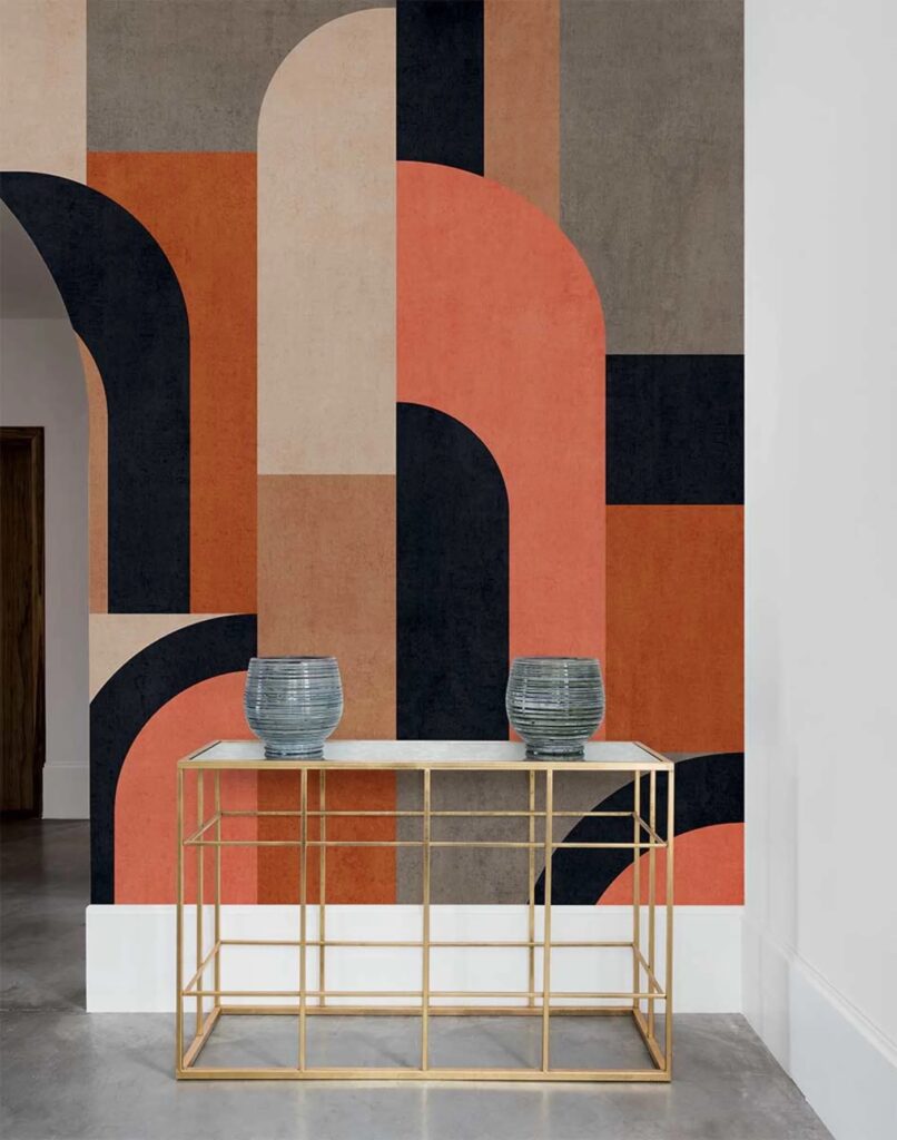 papier peint entrée art déco orange noir gris arche courbe