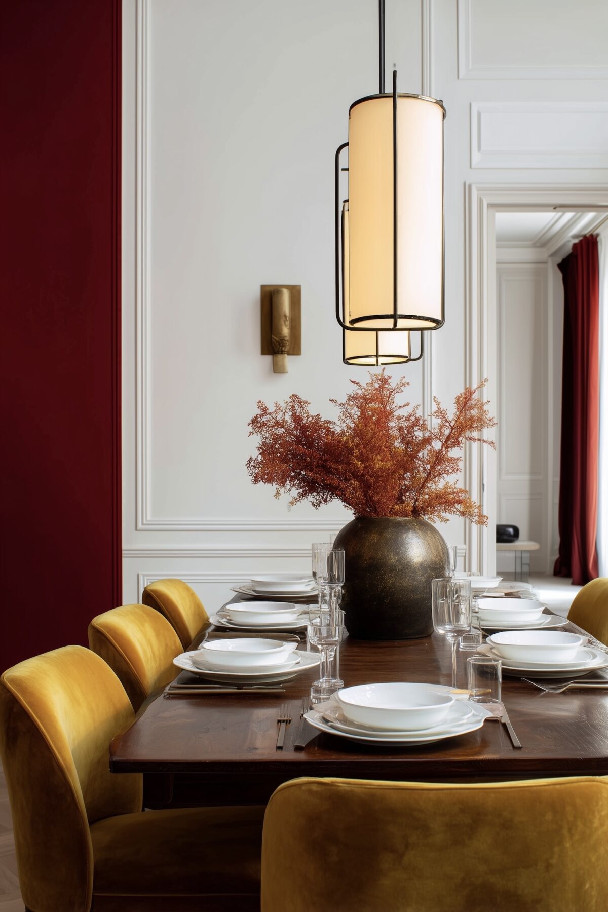 salle à manger parisienne table bois chaises velours moutarde suspension design