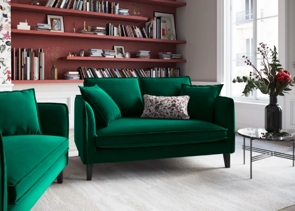 salon fauteuil canapé vert émeraude velours