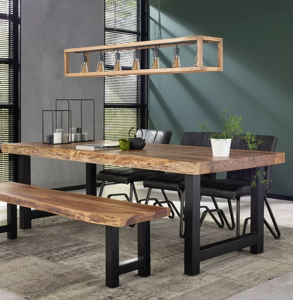 Banc bois massif métal table rectangle deco industrielle mur vert olive