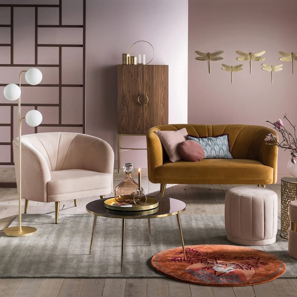 banquette canape droit rond pieds laiton deco tendance moderne rose marron