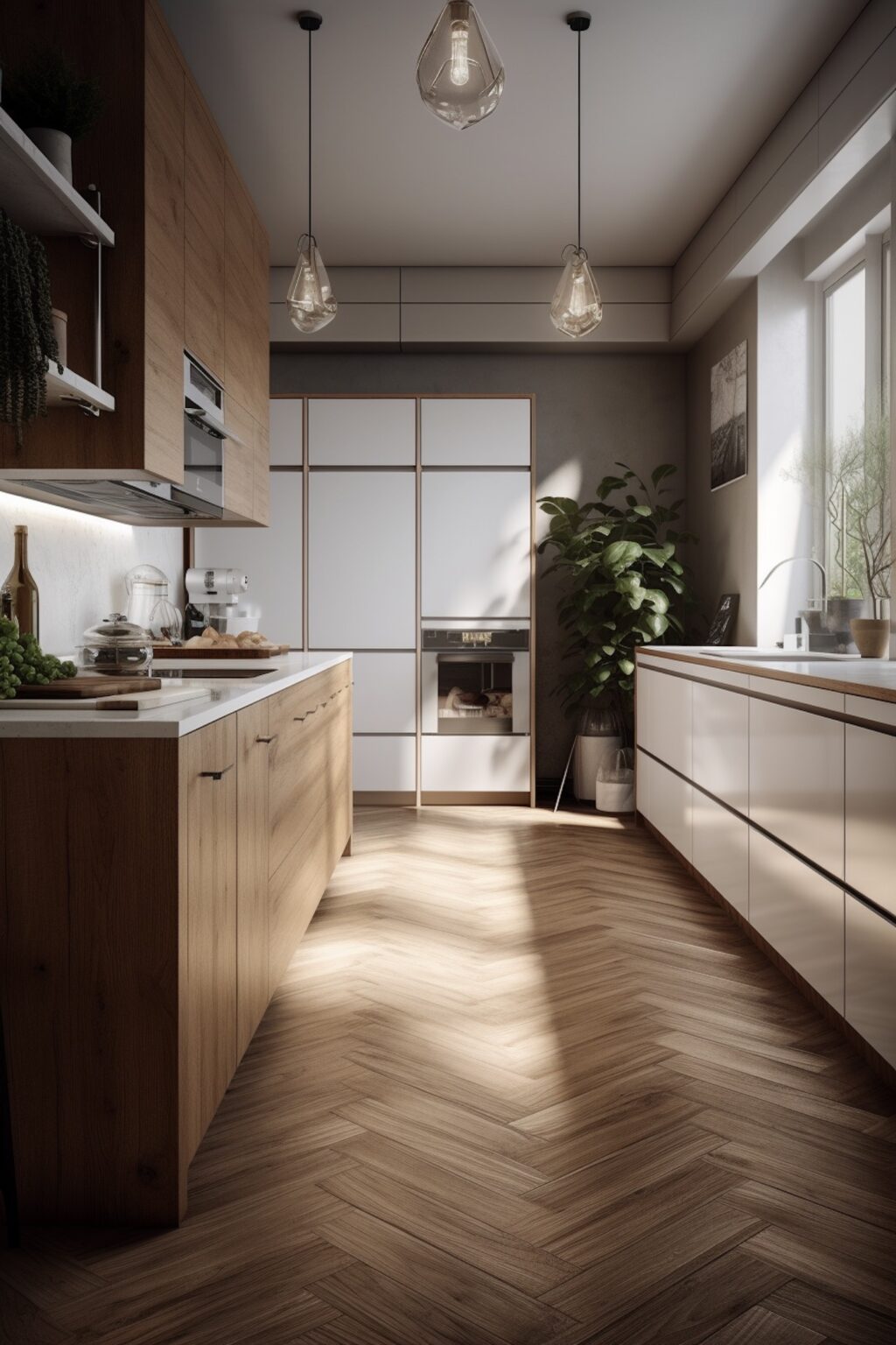 cuisine déco parisienne parquet chevron chêne massif