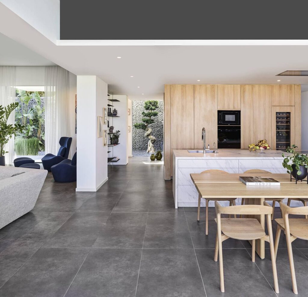 salle à manger japandi gris bois blanc déco zen