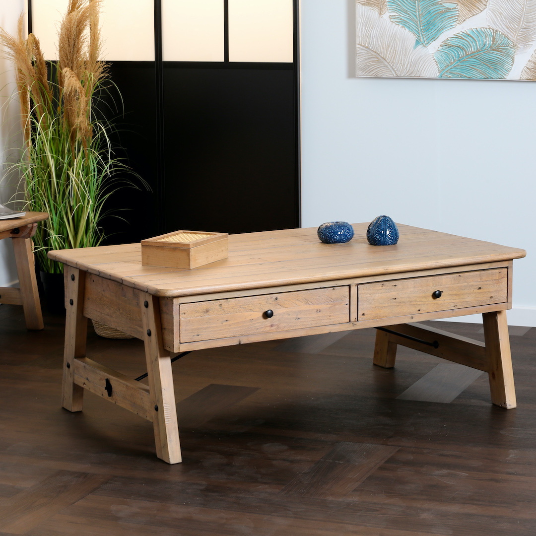 Table basse avec pieds tréteaux en bois