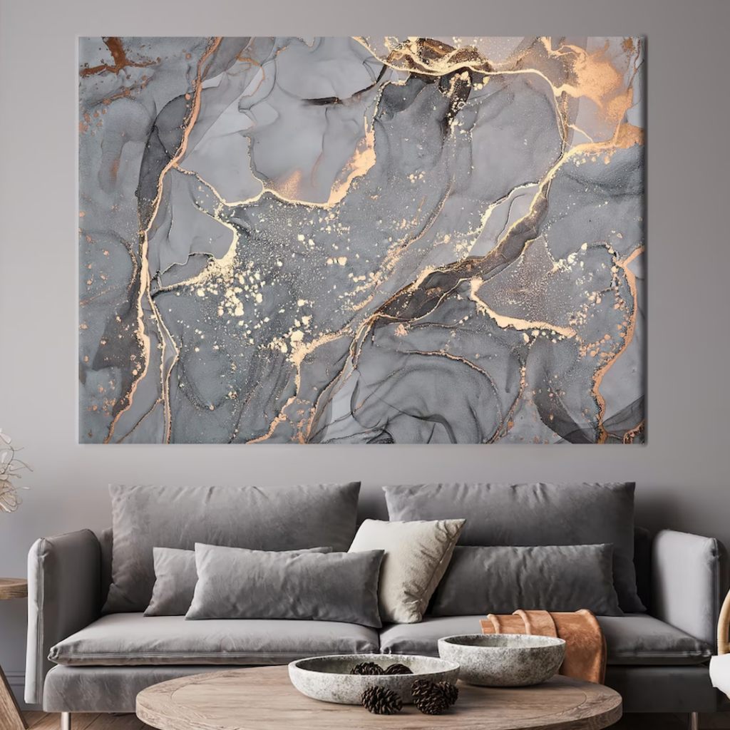 Salon gris canape droit tableau effet marbre gris dore