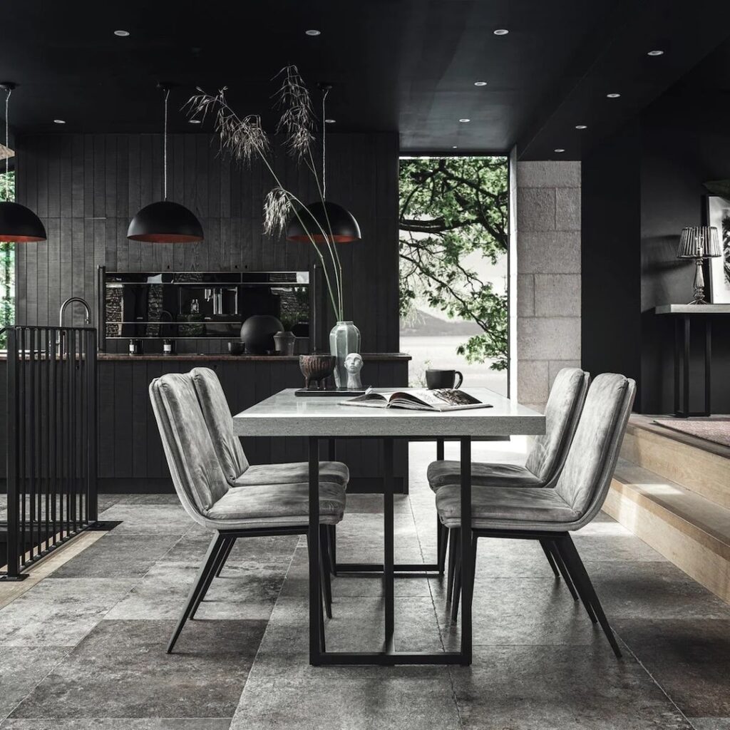 salle a manger grise effet beton industrielle